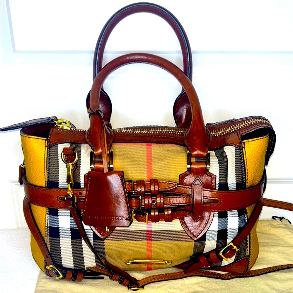 Burberry Gladstone Brown & Yellow House Check Leather Satchel Tote bag lock key - Picture 3 of 17
